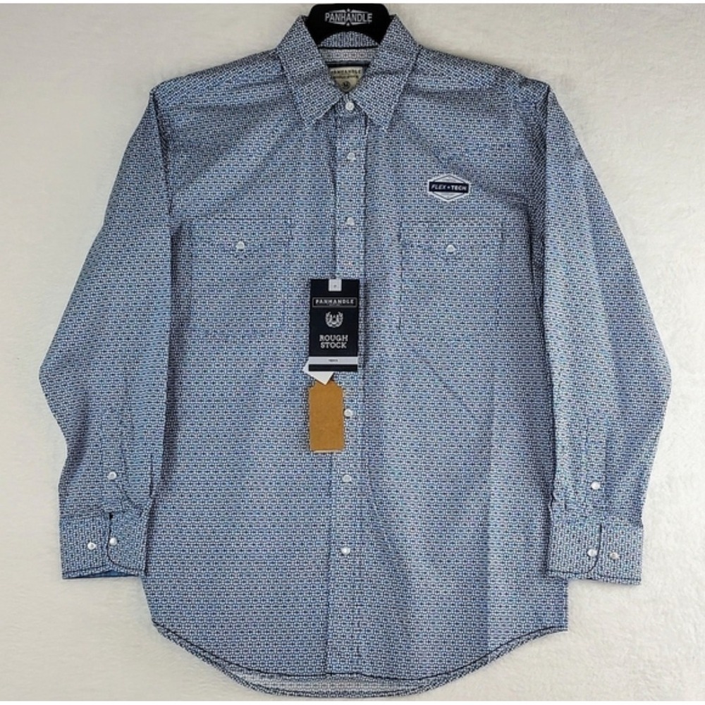 Panhandle Rough Stock‎ Mens Blue Geometric Flex-Tech Stretch Western Shirt NWT L